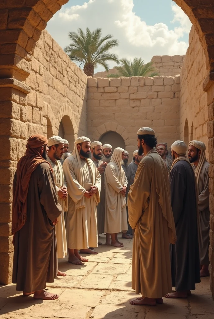 A group of Israelite soldiers watched David with wonder and hope. ((1,200 years before Christ)) RAW photo, small details, photorealistic, ultra-realistic photo, 8k uhd, dslr, soft lighting, high quality, grain film, Fujifilm XT3, (masterpiece: 3.1).