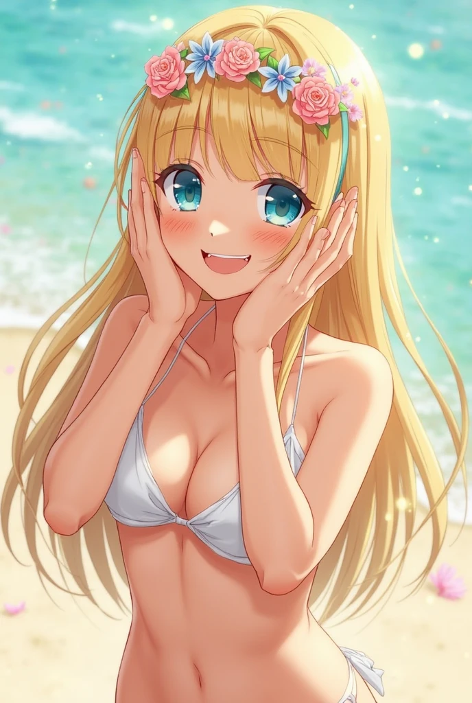 (Highest quality, 32K, High resolution, Masterpiece:1.5), god々A photograph with brilliant dazzling and healing power., Evoking a sense of calm and elusive beauty, Expressing emotions, Have a rich imagination, Beautiful Japanese Girls, An exceptionally beautiful face, Small Face Beauty, Perfect Human Anatomy, Magical big eyes, Motherhood and generosity, Deep Love, A cheerful smile, ((Shiny ash beige hair:1.3)), Super long straight silk hair that sways beautifully in the wind, Asymmetrical bangs, Hair between the eyes, Transparent, soft white skin, Sharp eyebrows, Thin lashes, Natural Makeup, Cheek highlighter, Pale pink detailed lips, ((Pastel pink floral bikini:1.4)), ((Blue sky background:1.3)), Professional photographer, Professional Lighting, Professional models, God&#39;s Secret