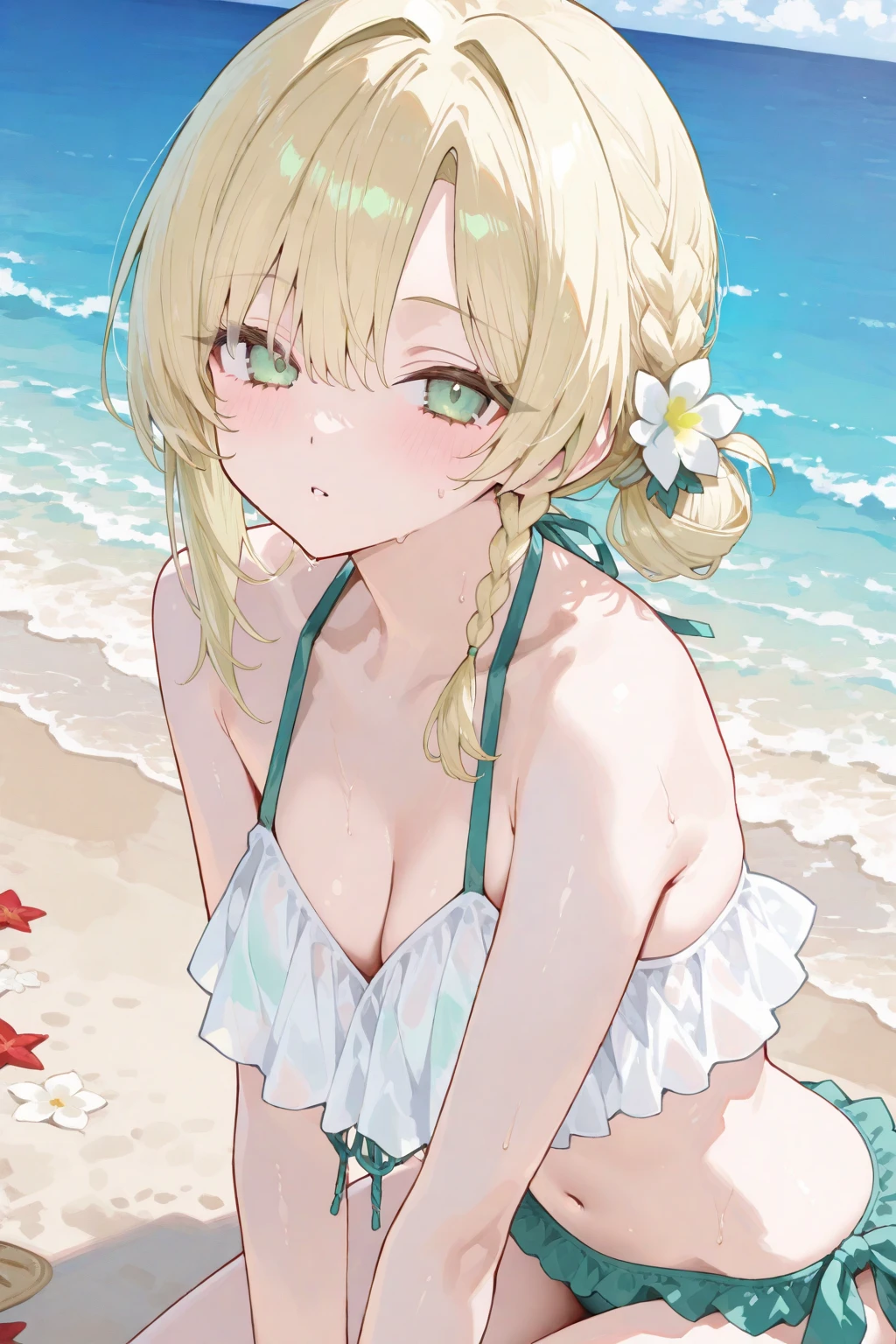 (masterpiece, best quality:1.2), <lora:anssv1-000040:0.5>, anss, 1girl, blonde hair, long hair, blunt bangs, green eyes, hair ornament, hair flower, black choker, green plaid bikini top, green plaid sarong, black bikini bottom, looking back, from behind, beach, blush
