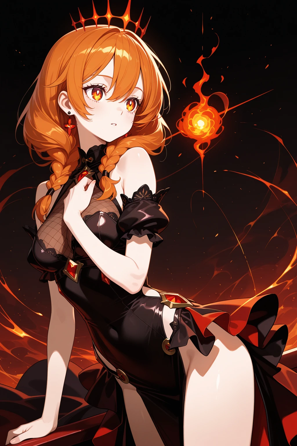 (masterpiece, best quality), 1girl, red hair, flaming hair, red eyes, flames, hands in flame, flame blade, red magic circle, red corset, black thighhighs, sidelighting, light particles, abstract, <lora:add_detail:1>