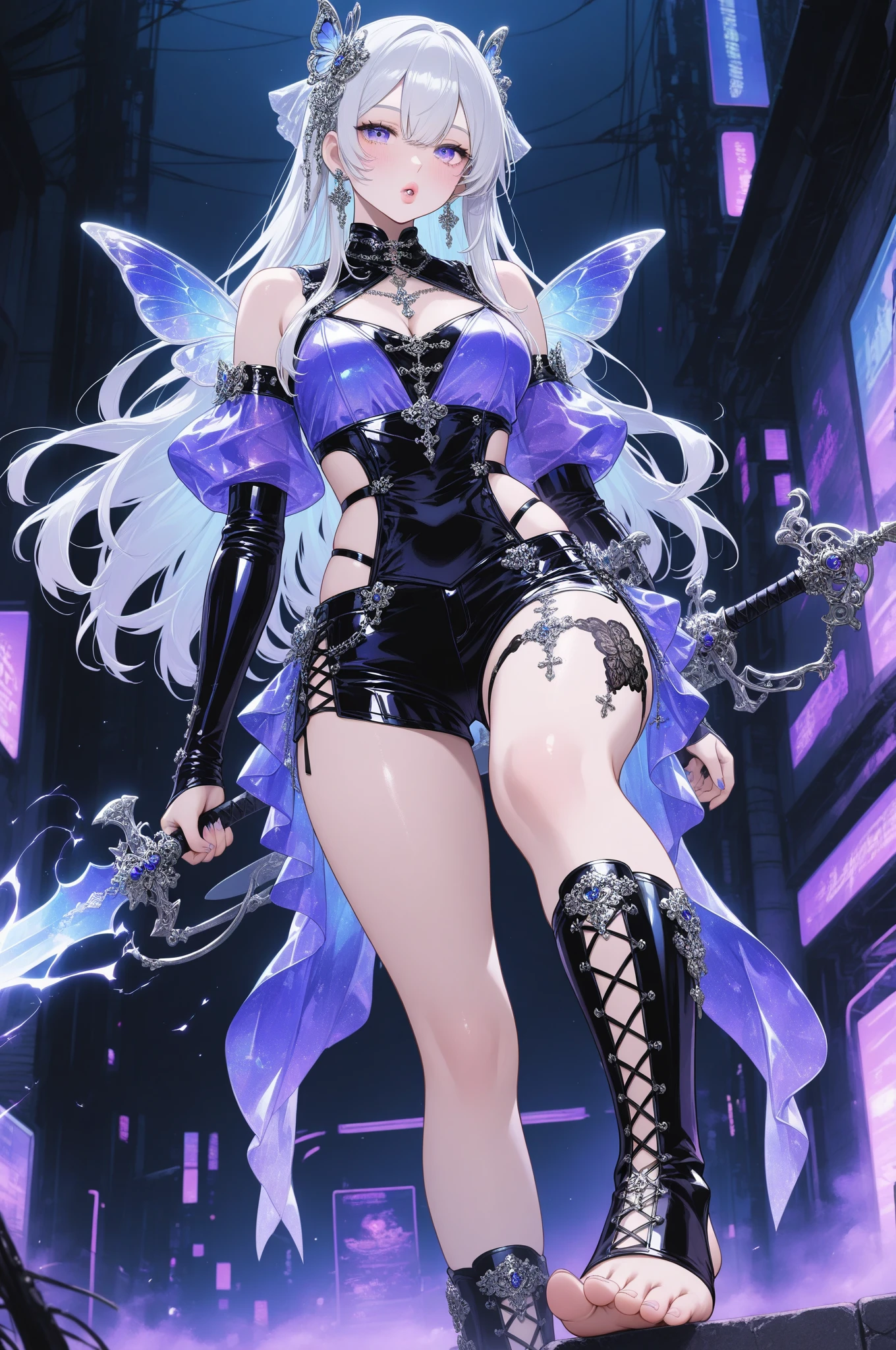 Purple colored hair，big breasts exposed cleavage，fishnet stockings，open waist，Harnes，strappy，Mesh socks，open waist，Showing the belly，Bow heels，platform high heels，platform high heels，Bow knot，fishnet stockings，Hollow-out on，Black silk stockings，Small swimming trunks
