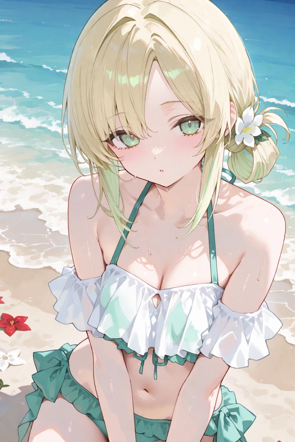 ((8-year-old girl))、((Blonde,short hair, Twin tails, Two Side Up Hair,Curly Hair))、((Very large breasts))、Cleavage、,(Highest quality), Realistic, (live-action, Intricate details), ((Immature girl))、((Young body))、((Sexy Bikini)), ((Open lips))、((Big green eyes)),((Sandy Beach、An unpopular rocky area))、((Sexy Bikini))、Are standing、Cowboy Shot
