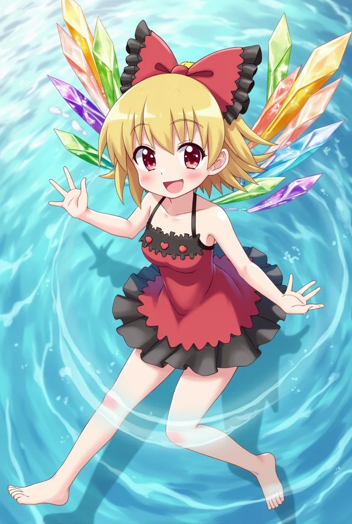 flandre_scarlet, little childish girl water playing, little children, (tiny chest:1.1),smile, exphosed chest and groin , no panties,Sunburn mark ,wet,dynamic water splash ,outdoor,blue sky,