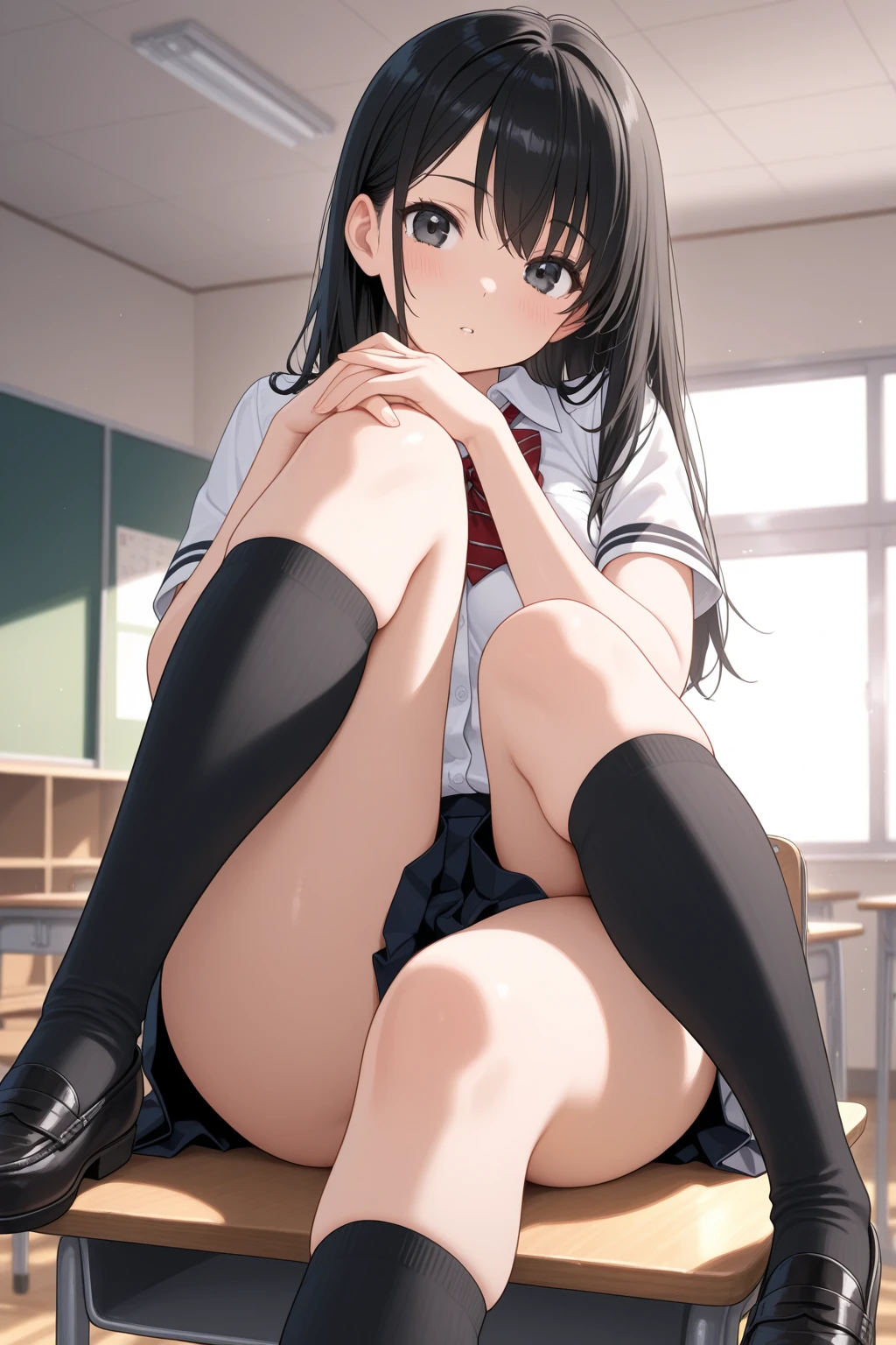 score_9, score_8_up. score_7_up,
sidelighting, shiny, shadow, bloom,
1girl,solo, full body, spread legs, sitting on chair, white panties, panty shot, hand on own crotch,wet crotch,dirty crotch,
serafuku,black hair,
looking at viewer, blush, parted lips, half-closed eyes, head tilt,
school, window, sky, chalkboard, japanese text, floor, school chair,
gravure,(ecstasy:1.2),embarrassing,blush,deep detailed eyes,tareme
glowing fluttered long hair,
lift 1 leg