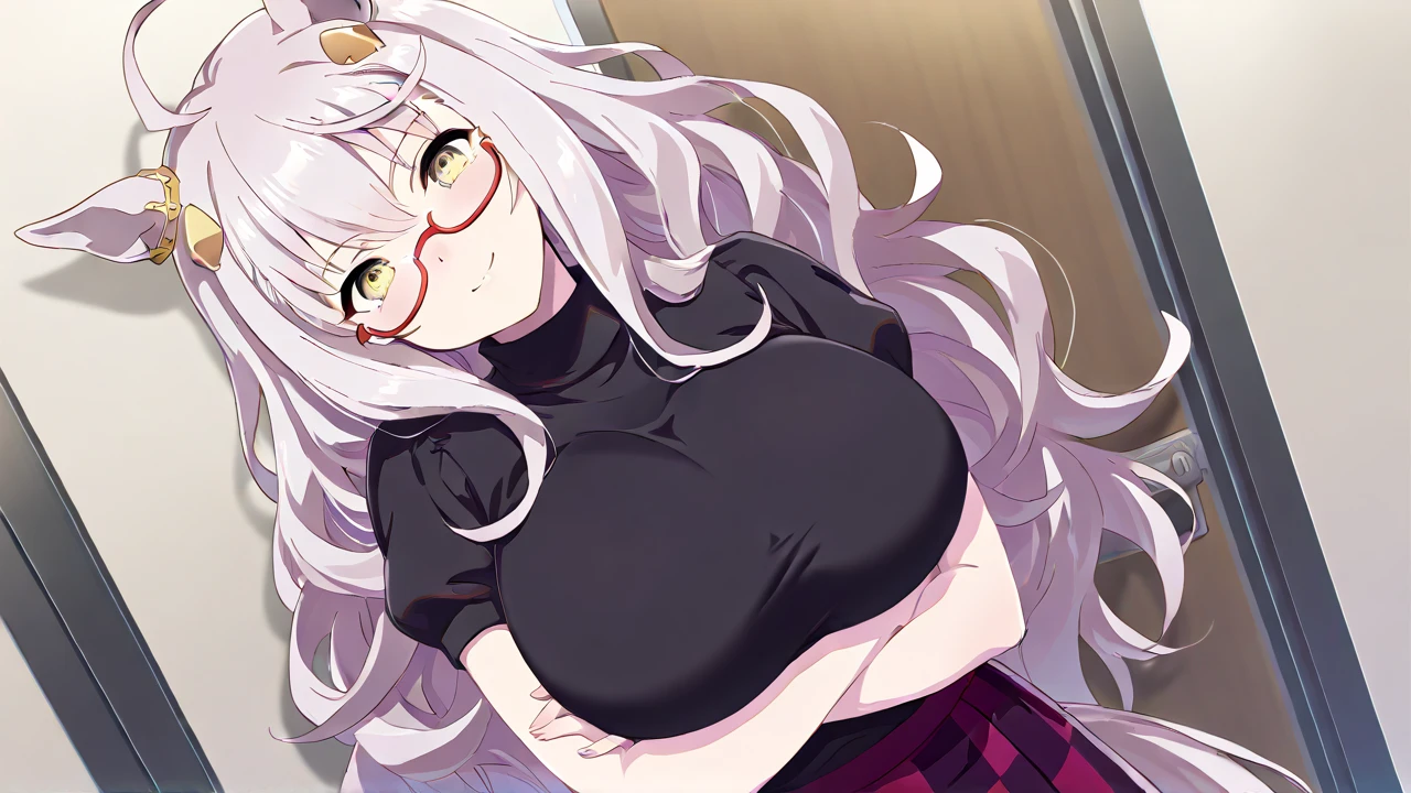 I have white pink hair, cat ears, a bow, a super blushing face, black glasses, pink heart eyes, and you are naked, a cat tail, a very shy girl.
