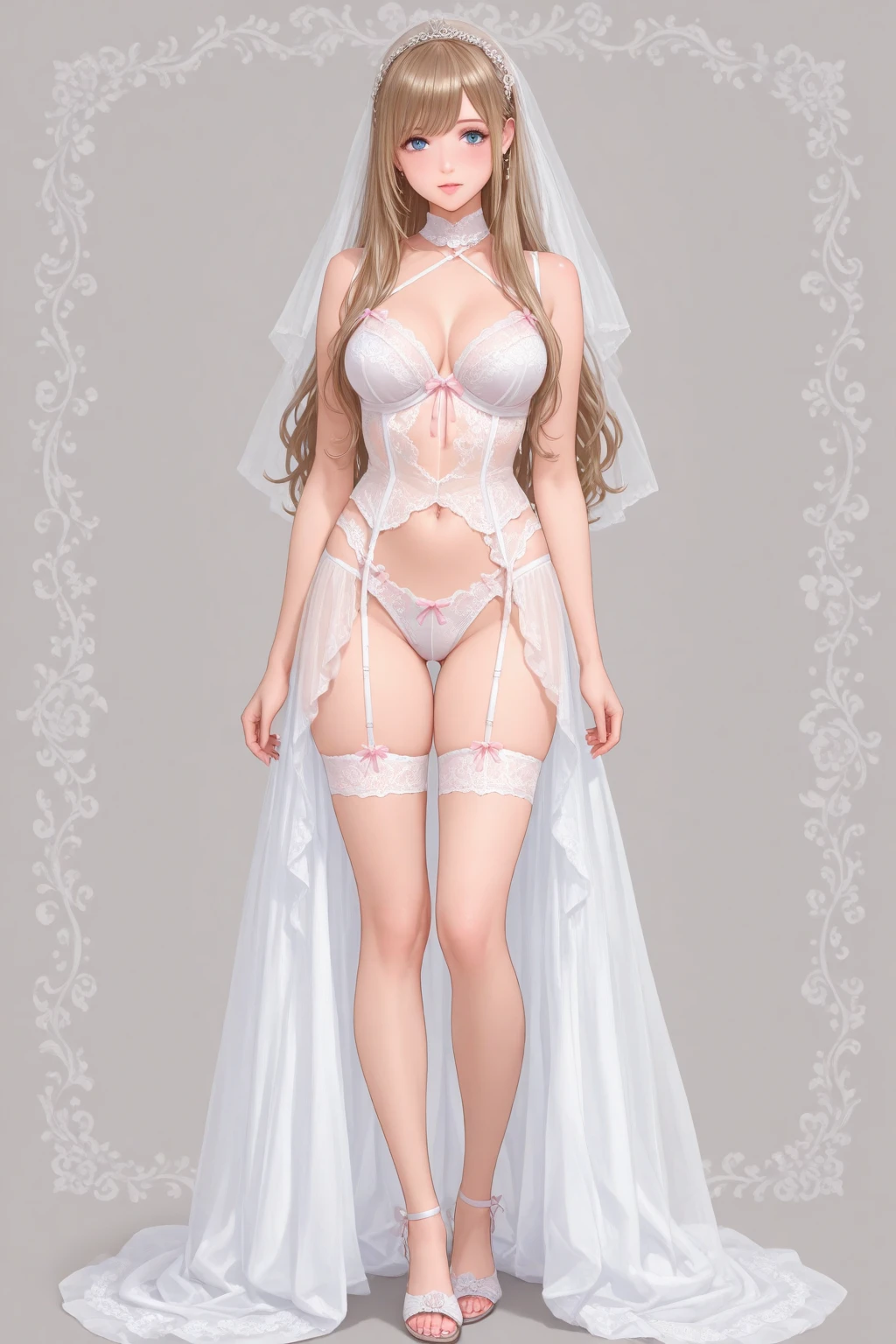 ((Masterpiece, Highest quality)), Detailed face, CharacterDesignSheet, full bodyesbian, Full of details, Multiple poses and expressions, Highly detailed, Depth, Many parts,beuaty girl,lacepantyhose, wedding gown,High Balance, Natural light