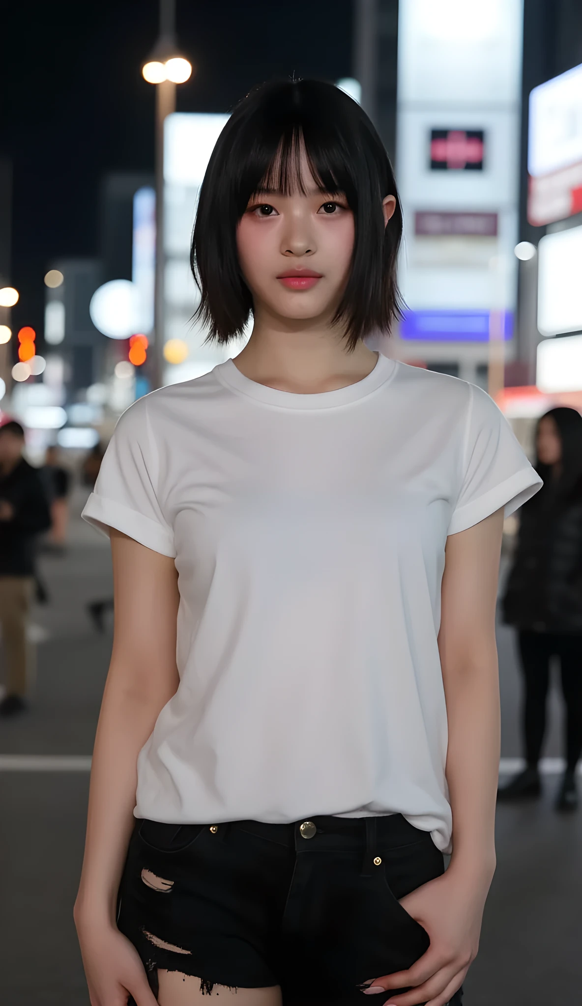 full body shot with mahiru、Long portrait、Hanni from NewJeans、Woman standing directly in front of the camera、((with a smile:1.5))、((Disheveled short bob hairstyle:1.5))、Women wear white oversized plain t-shirts、I'm wearing distressed black shorts、full body shot with mahiru、and the background is a girl holding hands with viewers in the downtown area of Shibuya in Tokyo at night