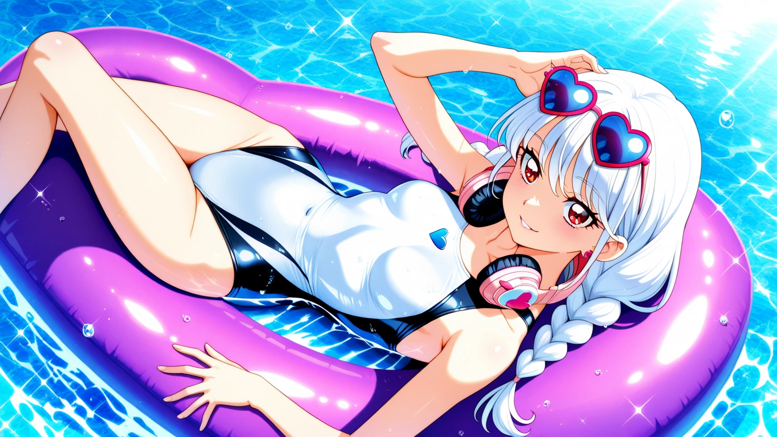 Best image quality, 8k, high quality, ((masterpiece)), (High detail), 　(((Perfect Anatomy, Perfect Style))), high school girl、16 years old, (Cute illustrations:1.2), looking at the camera、Shortcuts,Beautiful light, Professional Lighting, (One piece turtleneck competitive swimsuit), Dynamic pose, Smile, Dynamic Angle, ((Armpits:1.2)), barefoot, From below、　My whole body is wet、blue sky,　Outdoor、Pool、