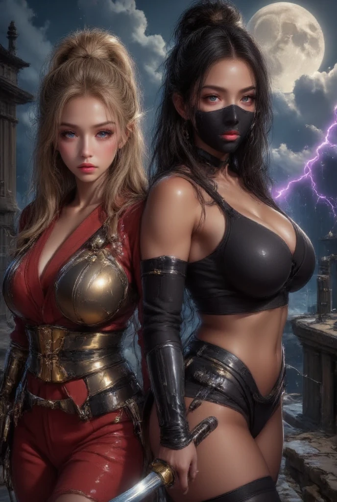 Viking warriors- revealing leather clothing- toned bodies- full breasts- cleavage- exposed body parts- swords- angry looks- blood- battle- scraps- exposed intimacy- MEDIEVAL- buttocks- butt