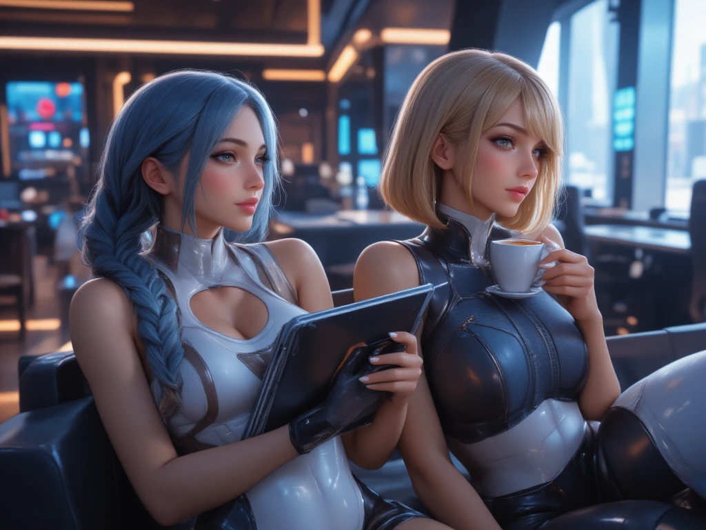 A lot of beautiful women、Handsome robots are meeting together around the conference table, with bitcoin