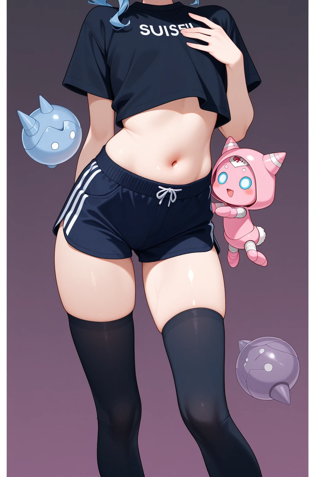 1boy, messy blue hair, glowing blue eyes, cropped blue hoodie, toned, slim, big thighs, big buttocks, black thigh highs, black shoes with white laces, full body view, masterpiece, HD, vibrant, big sharp cat ears, cat tail, black cotton gym shorts