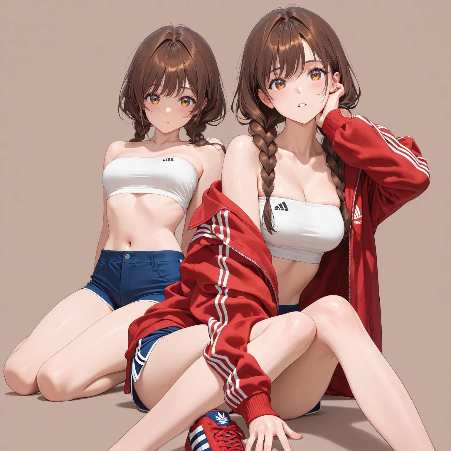 A beautiful woman with shoulder-length brown hair, big breasts, and beautiful legs is standing in a changing room in a red competitive swimsuit.。