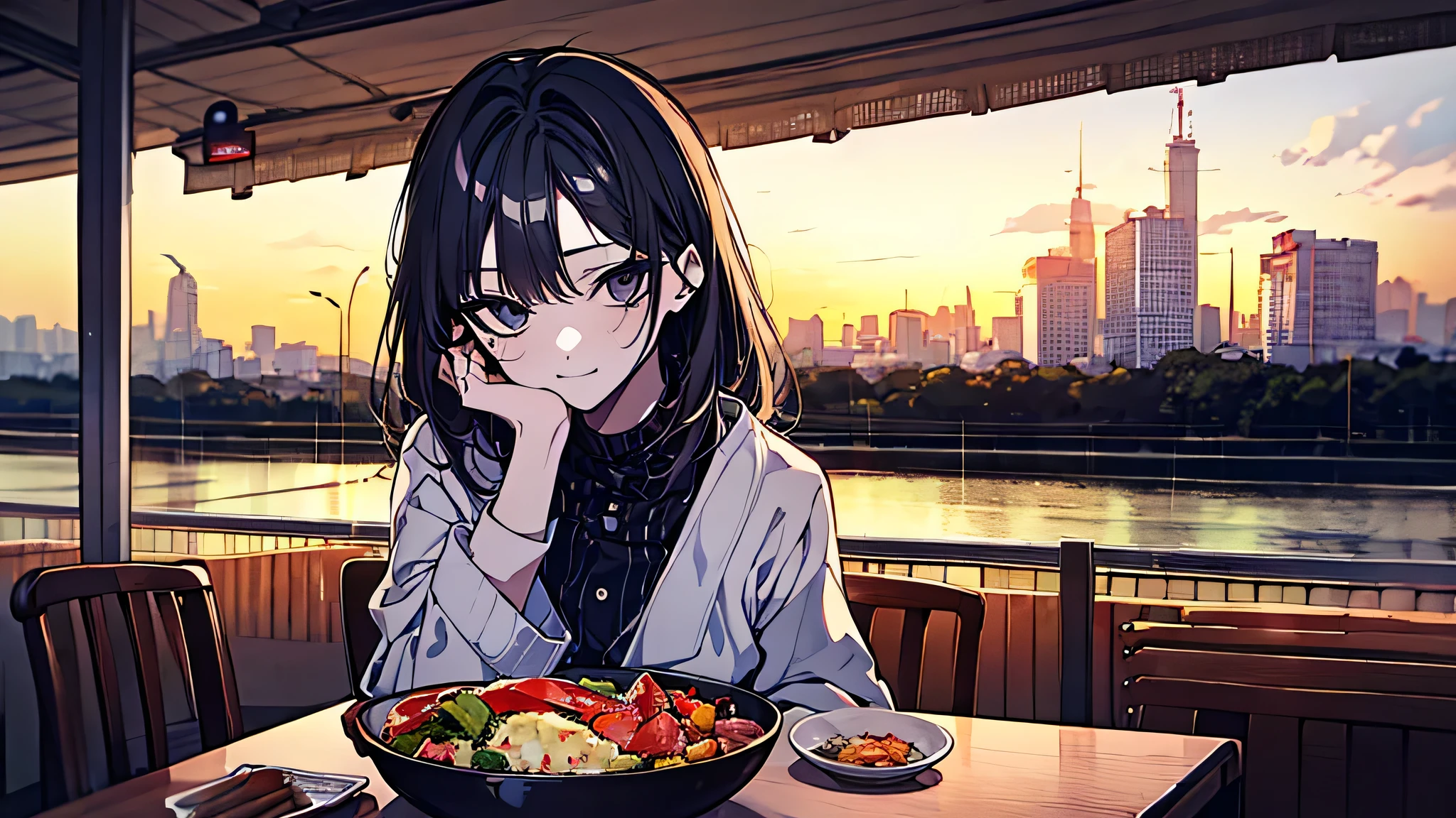 a cinematic mid-shot of a stylish young woman sitting alone at a small round table on a rainy urban balcony at dusk. A half-eaten convenience store dinner sits in front of her—potato salad, cheap wine, and chopsticks. She gazes into the distance with a faint, unreadable smile. Her outfit is effortlessly chic, the background glows with soft bokeh city lights. The mood is poetic, lonely, and fashionably melancholic —ar 3:4 —v 5 —style raw