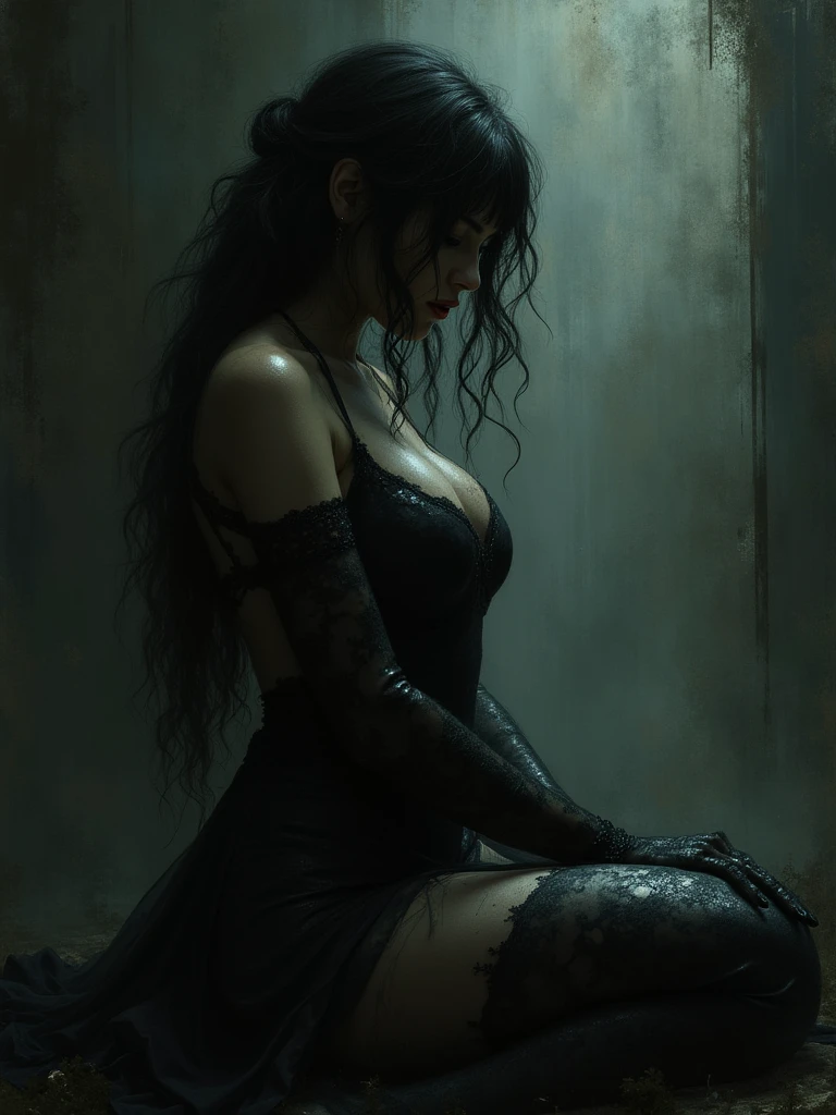 A beautiful young woman with an elegant and mysterious demeanor, 1girl, high-fashion couture dress, flowing hair, intense gaze, dramatic lighting, dark and moody color palette, cinematic composition, oil painting, photorealistic, award-winning illustration, intricate details, masterpiece, 8k, cinematic lighting, dark and moody, dramatic shadows, high contrast, saturated colors