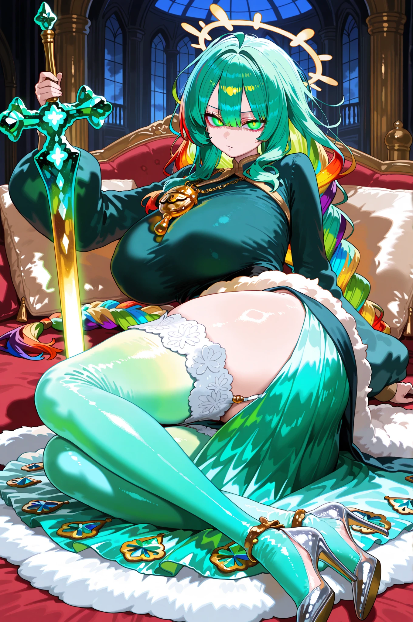 c.c.、Code Geass、Green Hair、Wedding dress、church、Stained glass、Cute Woman、Thick thighs、Best image quality、High resolution、masterpiece、super high quality、Spread your legsしゃがむ、orgasm face、Spread your legsしゃがむ、Black patterned panties、Big Ass、Big Breasts 、Blushing、4K quality、Blushing、Proud face、Wearing black knee socks、bed、Spread your legsしゃがむ、Sweaty all over、Heavy breathing、Chest is bobbing up and down、heart、Condescending look、Low - Angle、Zoom in on the crotch、Cowboy Shot, Spread your legs、spread legs