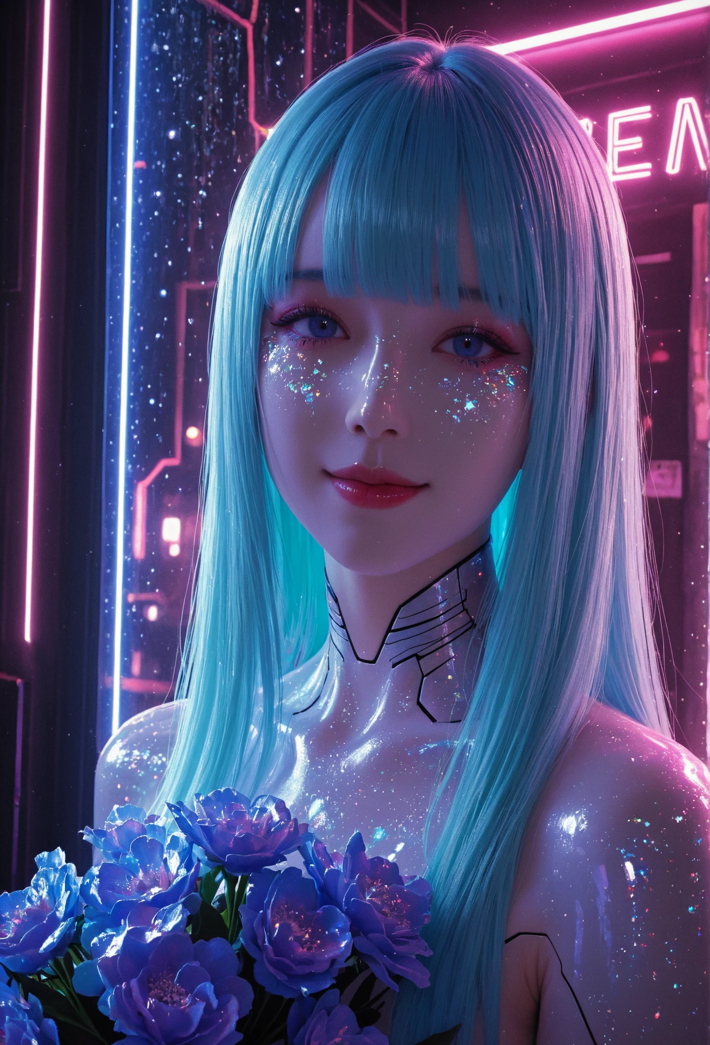 (La mejor calidad,A high resolution,Ultra - detallado,actual),Ariana Grande cuerpo transparente que lleva flores , (usa ropa de calle cyberpunk:1.4) , (cuerpo transparente vidrio un flor cyberpunk:1.4) ) , (with blue neon transparency :1.4) , uso de cyberpunk,(de Russell Dongjun Lu:1.4) , estilo cyberpunk, (  de vidrio cuerpo transparente :1.4), ,(Fondo de ruinas de mazmorra en ruinas:1.4 ), More detailed 8K.motor irreal:1.4,UHD,La mejor calidad:1.4, fotorrealista:1.4, textura de la piel:1.4, obra maestra:1.8,obra-prima, mejor calidad,objeto Objeto], (detailed face features:1.3),(Las proporciones correctas),(Ojos hermosos azules:1.4 ),  (pose vaquero),( cerebro transparente :1.4), (cuerpo transparente :1.4), (The girl ate the flowers:1.4),(The girl ate the flowers V2.1), (perfect anatomy :1.4),( cinematic lighting),( Cinematic V2.1), (cuerpo transparente plastic :1.4), score_9, score_8_up, score_7_up, score_6_up, rating_explicit, 1girl, ((18YO:1.2)), Adult, full lips, big clear eyes, ((blue hair:1)), (long wavy hair: 1.2),
