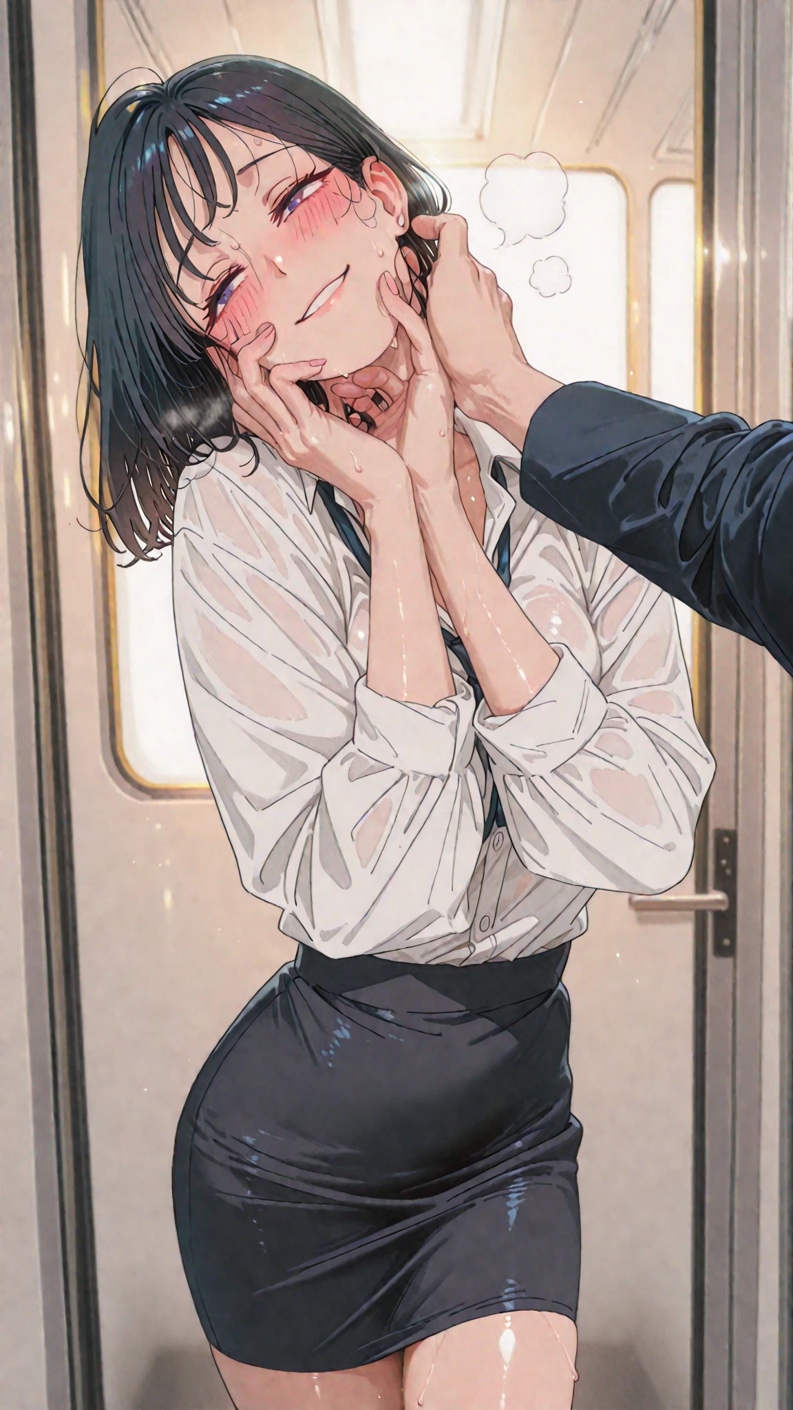 nsfv, ((Realistic, Masterpiece)), (Very crowded subway train interior detailed scene), (Very crowded subway train interior detailed background), Stand crazy (Woman 1) Use sexy ((school uniform)), (((lifted skirt))), ((Big ass)), ((Thick)), ((3/4 white stockingear expression), Be red in the face, Old skinny old ass touching woman 1 touching woman 1 touching woman from behind 1,(((very old ((Ugly) Skinny) (Old man black), (Poorly dressed) Press the chest against the woman's back 1))) and (((Hold her waist behind you)))