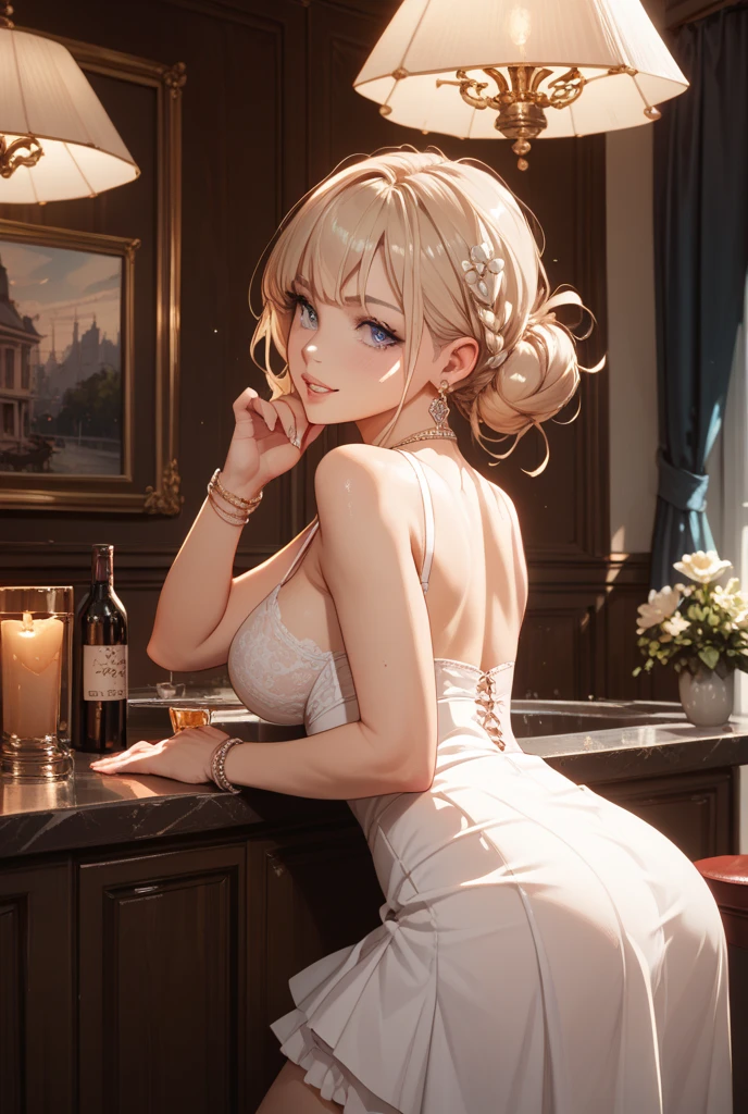 Please follow all prompts below exactly and faithfully. This is a breathtaking masterpiece of digital illustration, with maximum resolution, UHD, 512K, 2160p, 10 million ppi, 300 million dpi, natural color tones, ultra sharp details, perfect outlines with contrast, **most realistic skin and hair textures**, most beautiful detailed eye features, perfect anatomically correct human body, beautiful background with depth, rule of thirds, depth of field, Maximize all element is used to its full potential to create the best digital illustrations, looking back, from behind, 1woman, sexy:1.5, beautiful face sharp, elegant woman, perfect body style, slender, beautiful big breasts, green eyes, blonde hair, hair over one eye, short hair, glossy very thick lips:0.7, pink lipstick:0.7, smile, shiny silver clothes, wearing a soft white robe that covers her entire body over a pink bodycon dress:1.5, ultra miniskirt:1.3, neckless:1.5, earring, bracelet, (open cafe:1.5),
