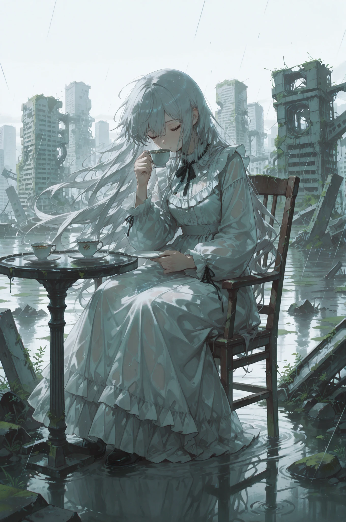 (masterpiece, best quality), amazing quality, very aesthetic, newest, hyper-detailed, portrait, 1girl, closed eyes, silver hair, very long hair, frilled dress, long dress, sitting on chair, white chair, white table, holding a teacup, shalow water, flood, wind, rain, ruins, overgrown, city horizon, (Tokyo), post-apocalypse, abandoned, amazing background, absurdres