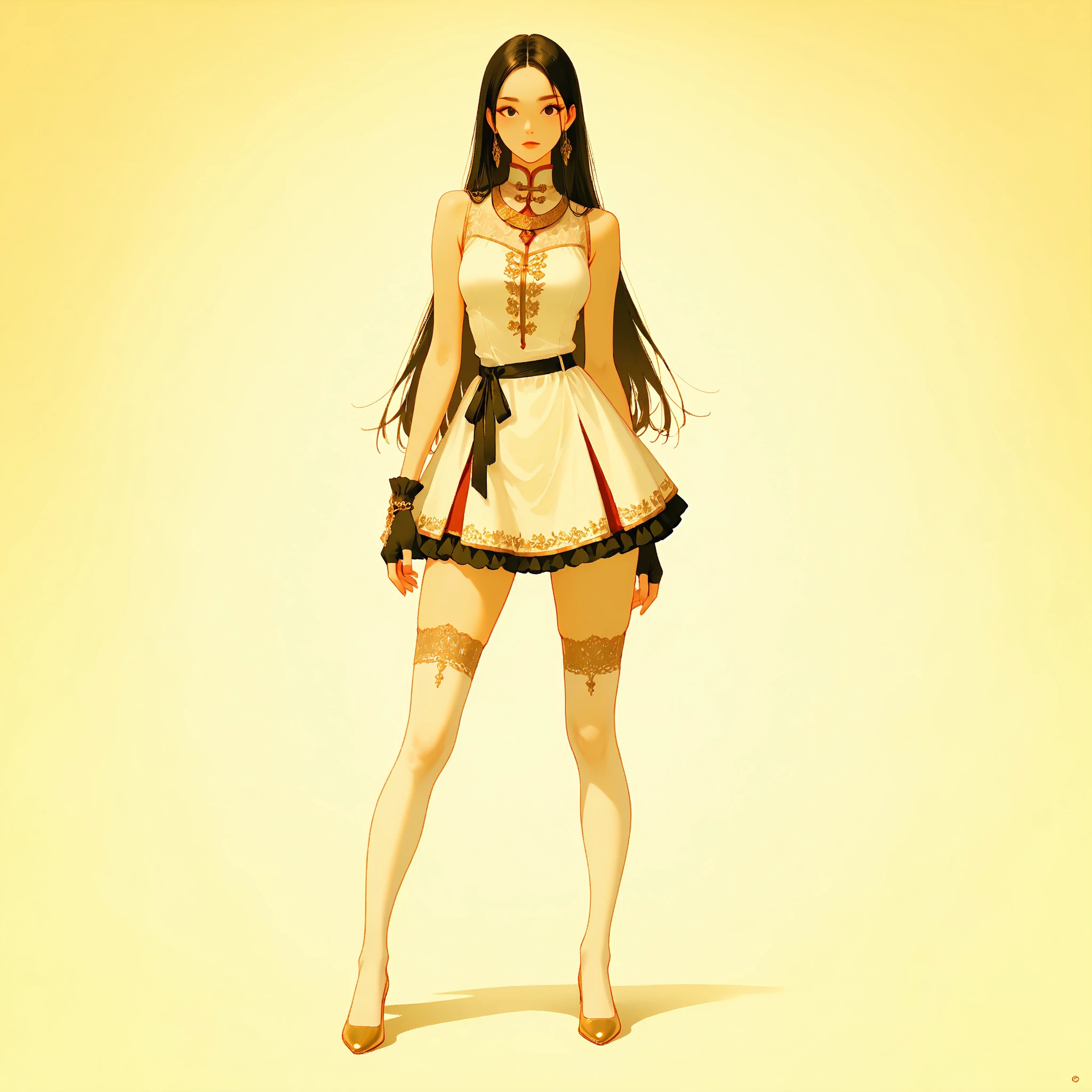 (masterpiece, best quality), 1girl, Orange Textured Quiff with Low Fade, big breasts, Blue-gray Ruffled one-shoulder top with a flounce detail. and Pleated chiffon maxi skirt with a geometric pattern, loose socks, Posing with hands on hips and a playful smile.
