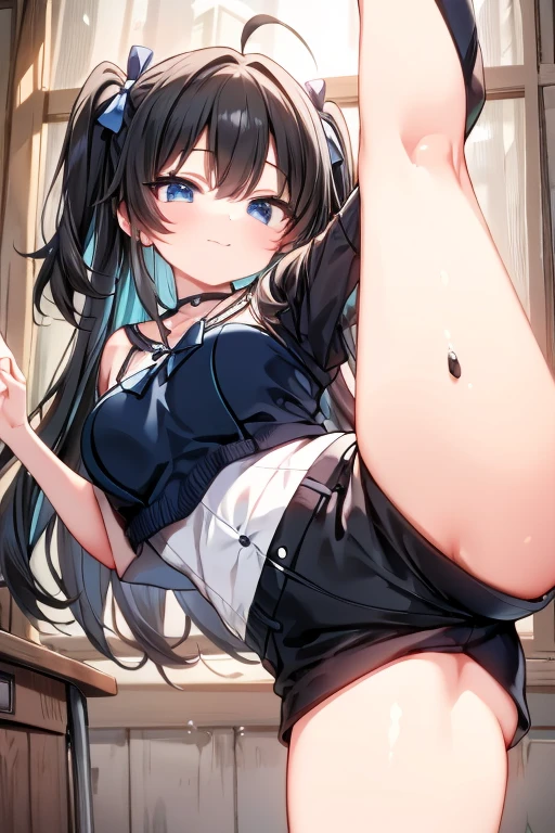 highest quality,wonderful,finely,extremely detailed CG Unity 8K wallpaper, (1 girl,black hair, blue eyes,double bun, clothed), (huge breasts), (woman on top,from behind:1.3),(vaginal), (school swimwear:1.2), (squatting,open legs:1.3), (black stockings:1.1), (Thighs), (constriction)