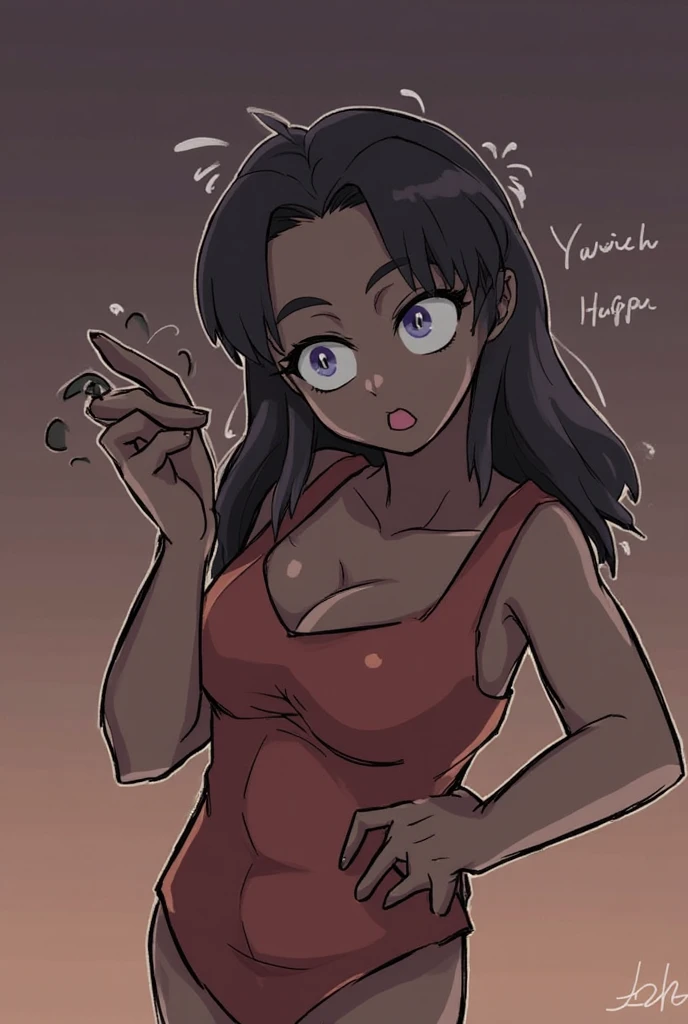 Ralph Bakshi Style, Curvy blue eyed girl with long wavy black hair and small breasts, (smug_grin), nudity, (extreme nsfw), ????, (pubic_stubble):3.0, tropical island setting, (transparent_shawl):2.0