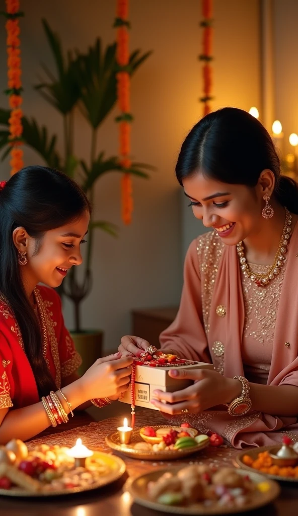 A lifelike 4K image of a 22-year-old brother and 18-year-old sister sitting on a floral patterned sofa. The sister, wearing a bright red salwar kameez, is tying a glittering rakhi on her brother's wrist. The brother, in a beige kurta, holds a small gift bag. Both are smiling warmly. A colorful "Happy Raksha Bandhan" banner hangs on the wall behind them, with "omprakash & humeshwari" written below in decorative script