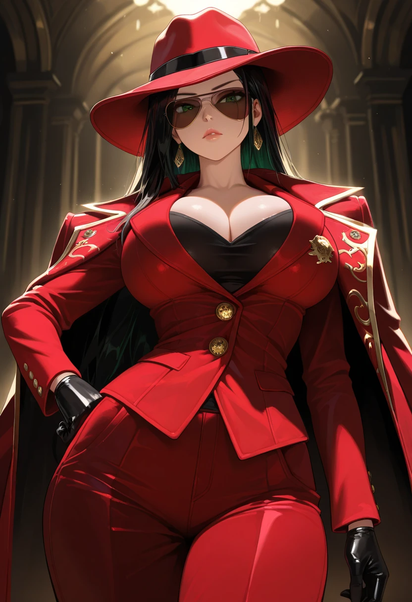 (masterpiece, best quality:1.2), highres, anime, 1woman, solo, looking at viewer, confident, (((holding sword))), smile, closed mouth, (black hair: 1.3), very long hair, green eyes, black eyemask, round earrings, necklace, muscular, curvy, black cape, red inner color cape, bare shoulders, adorned black gloves, breasts, torn hips, red off-shoulder sleeveness shirt, black corset, black yoga pants, boots, outdoors, rock mountain, train tracks, cloudy, blue sky