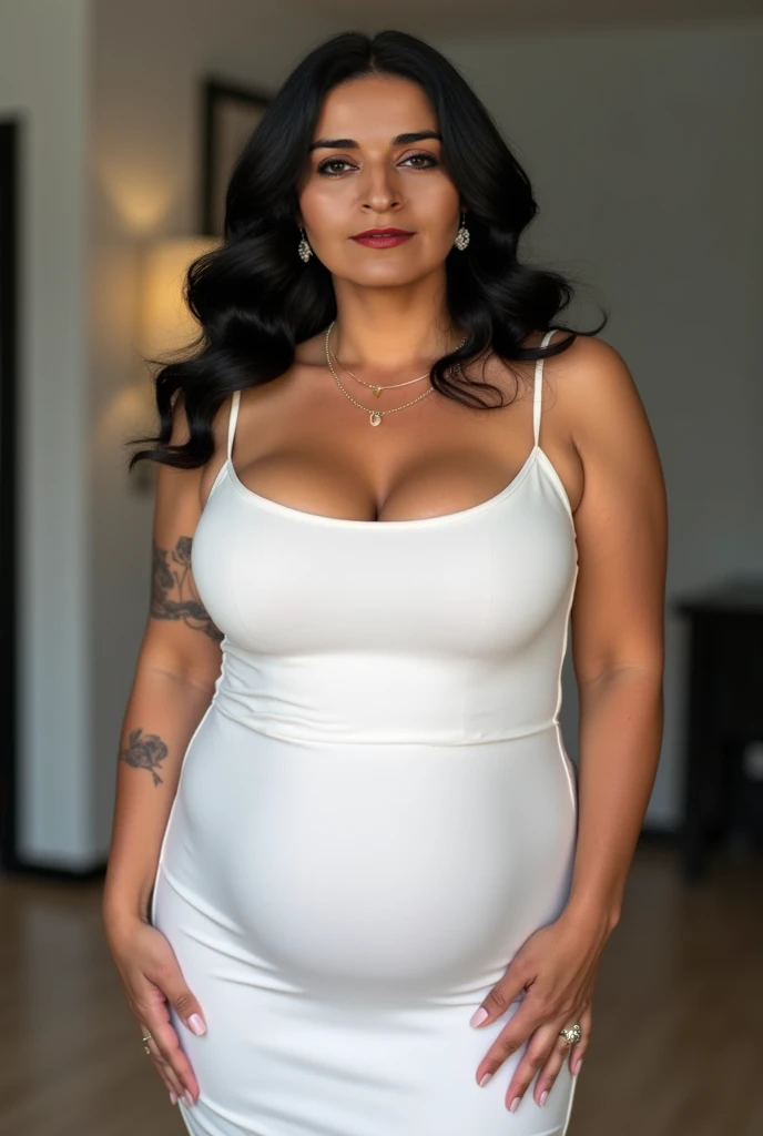 Mature old woman 80 years with straight black hair, plus size, old face and body with many wrinkles, big breasts, hands on hip, red lips, smiling, loose skin, standing at bedroom posing for photo, She wearing white gown and large neckline, black short skirt and lace stockings, side view. jaw dropping mature older beauty, old face and body with wrinkles, old face, attractive grandma, a gorgeous old hair, beautiful old grandma, lovely older mature grandma, gorgeous beautiful grandma over 80 years old, beautiful straight black hair grandma, beautiful detailed body and face, a beautiful old granny