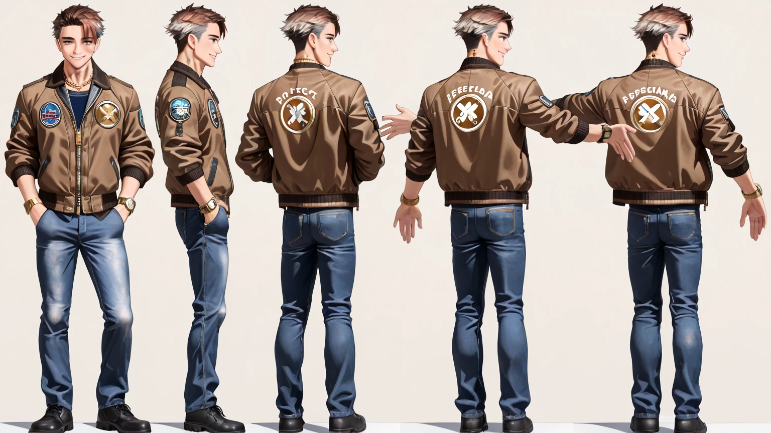 Masterpiece, supreme quality, art photography [vista frontal]
((male vtuber in front, upright posture y confiada)),
((direct look at the camera, light natural smile)),
((Relaxed arms, hands in jeans pockets)),
((perfect fit bomber jacket detail {x} slightly open navy blue bomber jacket)), [Right side view]
((full right profile, Face 3 /4)),
((fade of visible hair, defined upper texture)),
((defined athletic male silhouette)),
((gold chain on the neck)), [left side view]
((full left profile, Face 3 /4)),
((detail of a gold watch on the wrist)),
((visible fade cut, textured hair)),
((Natural posture, relaxed shoulders)), [Vista posterior]
((full back , upright posture)),
((line of marked male jaw)),
((visible fade hair on the back)),
((x} legs proportionally spaced)), [POSE MODEL T]
((pose in T for 3D model)),
((arms extended at 90 degrees)),
((visible gold watch detail)),
((front and back view in T)), male character reference sheet, model sheet, character turnaround