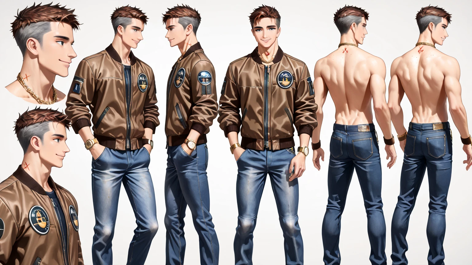 Masterpiece, supreme quality, art photography [vista frontal]
((male vtuber in front, upright posture y confiada)),
((direct look at the camera, light natural smile)),
((Relaxed arms, hands in jeans pockets)),
((perfect fit bomber jacket detail {x} slightly open navy blue bomber jacket)), [Right side view]
((full right profile, Face 3 /4)),
((fade of visible hair, defined upper texture)),
((defined athletic male silhouette)),
((gold chain on the neck)), [left side view]
((full left profile, Face 3 /4)),
((detail of a gold watch on the wrist)),
((visible fade cut, textured hair)),
((Natural posture, relaxed shoulders)), [Vista posterior]
((full back , upright posture)),
((line of marked male jaw)),
((visible fade hair on the back)),
((x} legs proportionally spaced)), [POSE MODEL T]
((pose in T for 3D model)),
((arms extended at 90 degrees)),
((visible gold watch detail)),
((front and back view in T)), male character reference sheet, model sheet, character turnaround