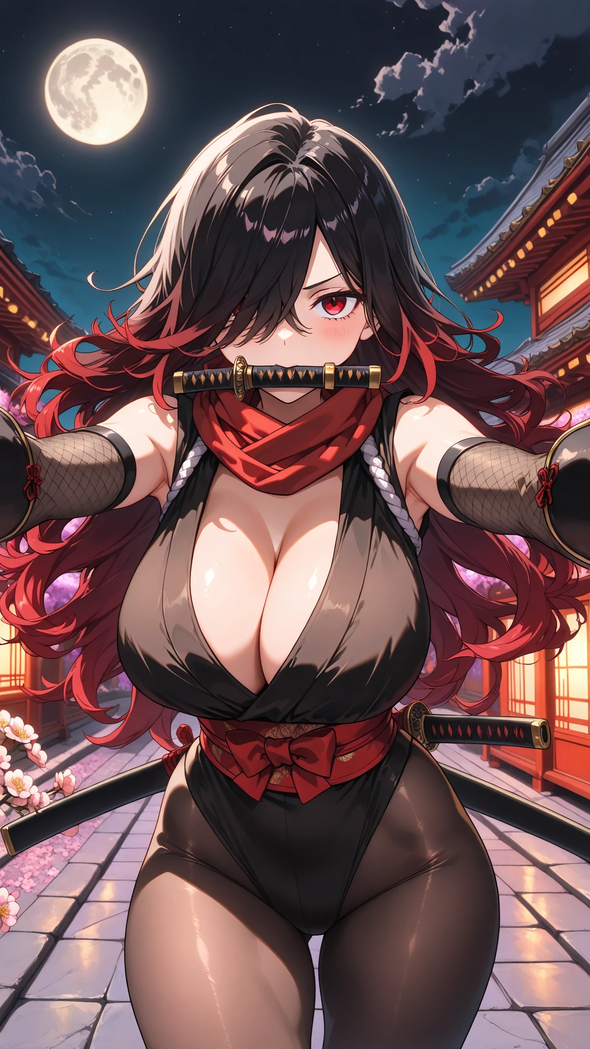 (Photorealsitic:1.3), masterpiece, top-quality, (intricate detailes:1.2), (landscapes:1.3), 美丽的面容, (Black theme:1.3), (((1 Colossal Mature Woman、Big-breasted mature woman in a patterned kimono holding a dagger in her hand、(Take a look at Veiwer:1.3)、(face tattoos:1.2)、Big Demon Horn、 )))、full bodyesbian、Split in half