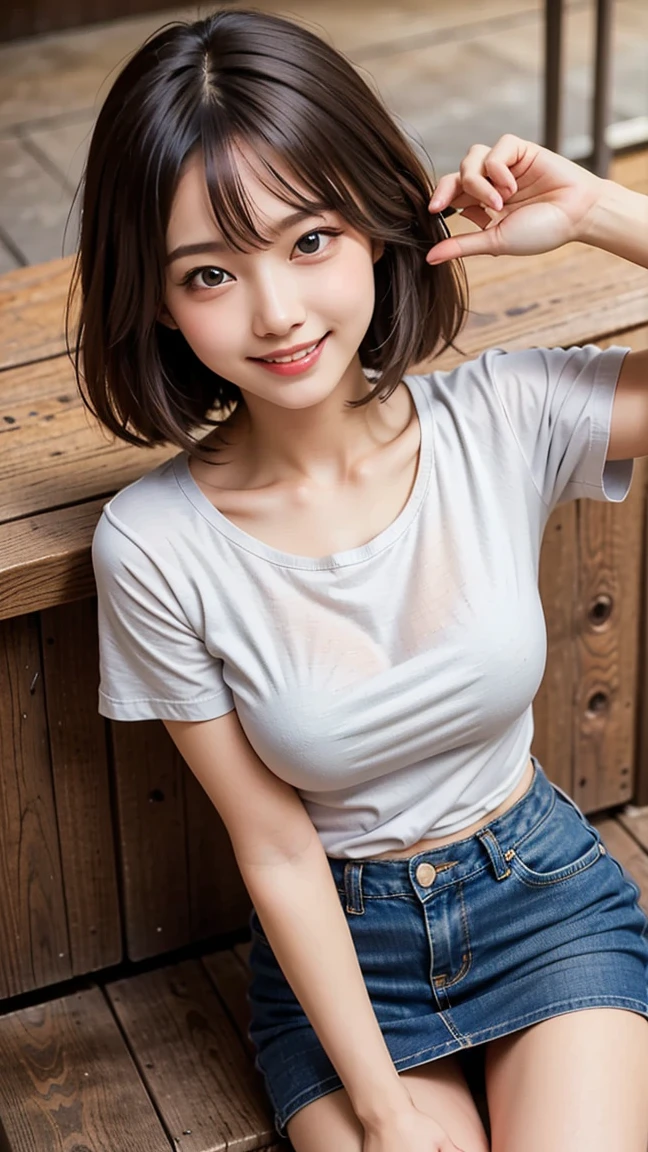 Masterpiece, Best-quality, RAW-photo, Ultra-High-Resolution, Photorealistic, very delicate human skin,
(Anatomically correct, 16-years-old, Realistic Japanese girl, photographer's lover, She truly loves photographer, baby face, cute face, short height, thin waist, big breasts, Slender legs, Large breast, Realistic skin),
((teat, White T-shirt, nipple protrusions, denim:1.3)),
(maiko, Round face, Black hair, Black eyes, Moist eyes, Shining eyes, Short bob cut, Bangs, Down-slating eyebrows, one little earring, Light blush),
(See photographer, look at viewer, standing, legs apart, spread legs:1.3),
(seduce men),
(Tokyo, Shinbashi, very lively Japanese station square),
Natural lighting, full length