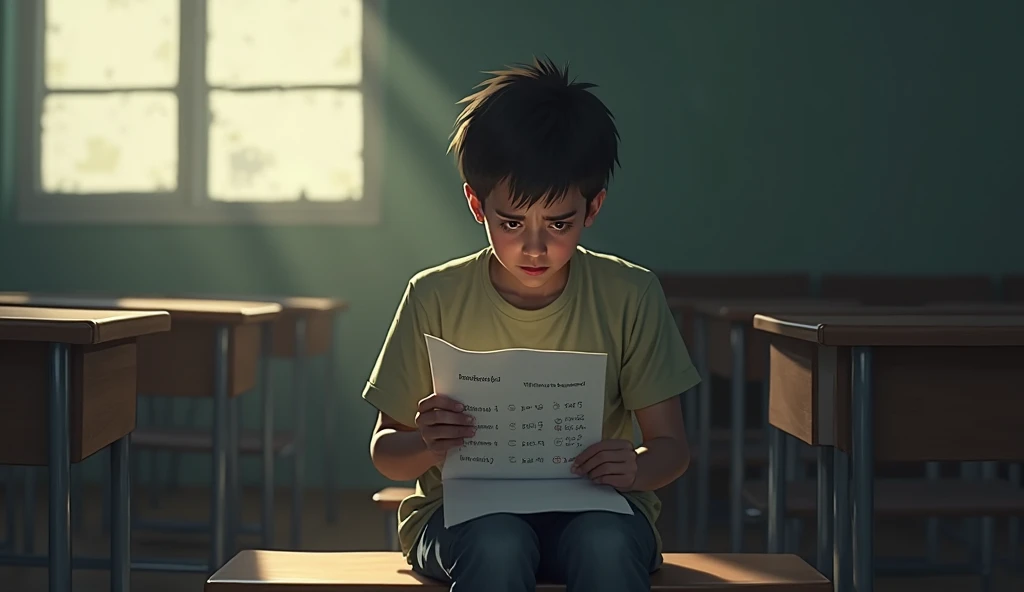 Drawing of a teenager crying and alone at a classroom desk with lots of papers and his iPhone is on the desk with his mother calling him