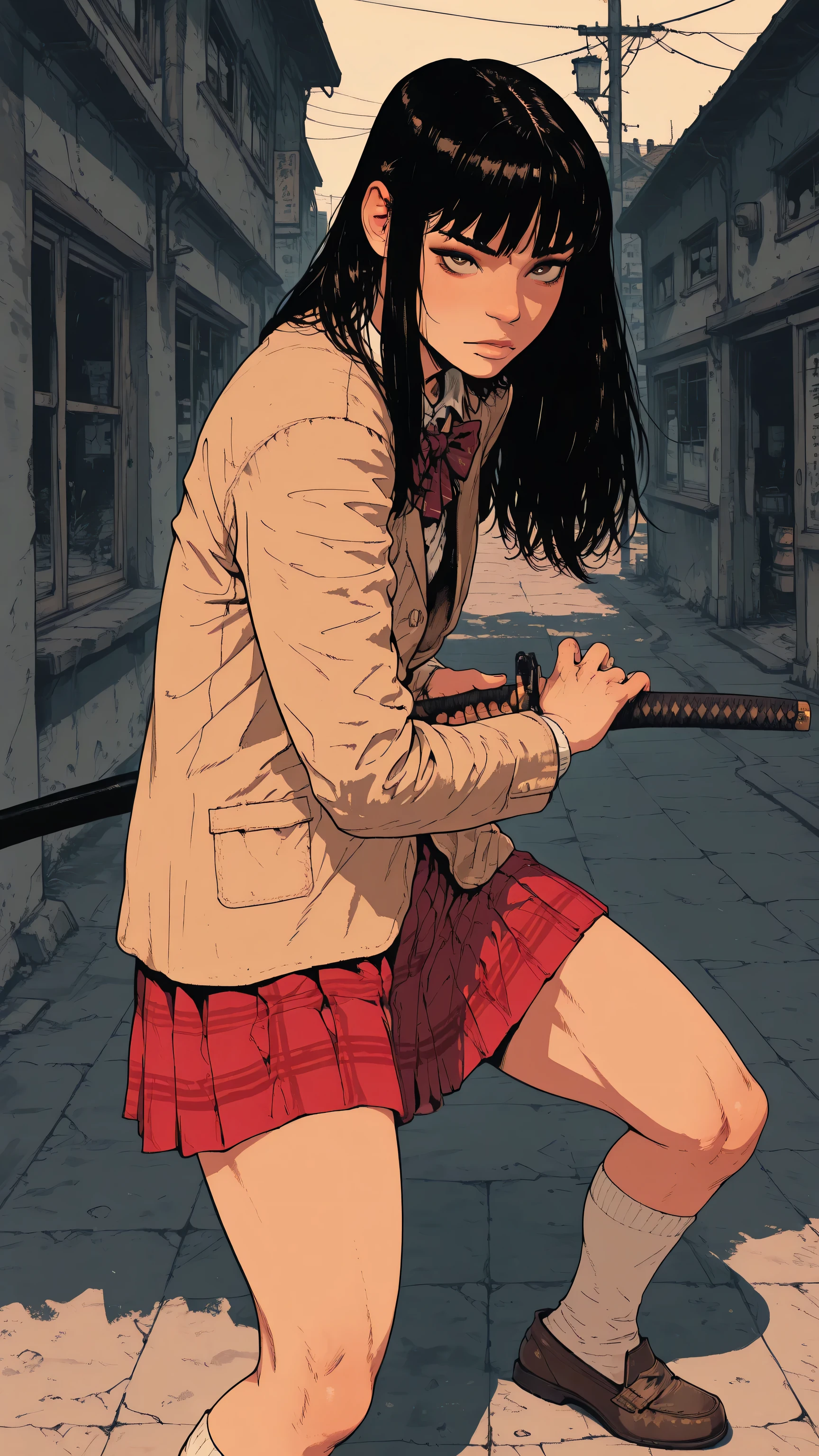 HDR, 8K, masterpiece, best quality, amazing quality, very aesthetic, realistic, newest, volumetric lighting, (flat colors:0.7), (artist:incase:0.3), mtskyamd, 1girl, skirt, solo, school uniform, shoes, long hair,black hair, masterpiece, best quality, amazing quality, very aesthetic, absurdres, newest,1girl, solo, brown eyes, plaid skirt, red skirt, bare thighs, thigh socks, white socks, lace collar, town, streets, Dutch angle, holding a katana, fighting stance, (sheathed katana) , looking at viewer,(artist:tsuaii:0.3),Sinozick_illu, in the style of cksc, (ready to draw), cowboy shot, iaidou,weapon, katana, holding sword, ready to draw, sheathed,