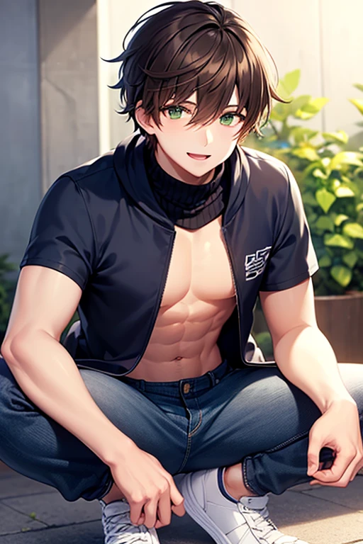 caelus(/honkai star rail/), gray hair, yellow eyes, smile, closed mouth, slim, fit, abs, shirtless, black jacket, yellow accesories, gloves, black briefs, topless, bare chest, sweating, cloud, , sunny, outdoors, sky, day,