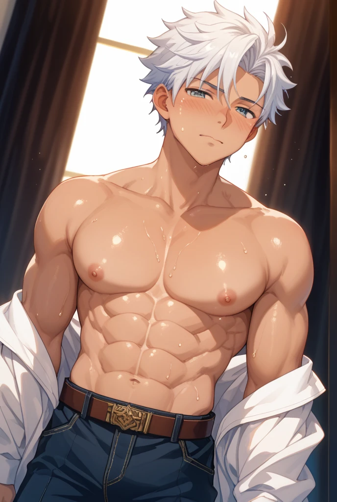 1boy, best quality, detailed face, (detailed eyes:1.3), light-skinned male, white hair, short hair, messy hair, red eyes, happy, shirtless, white jockstrap, muscular male, indoors, hotel