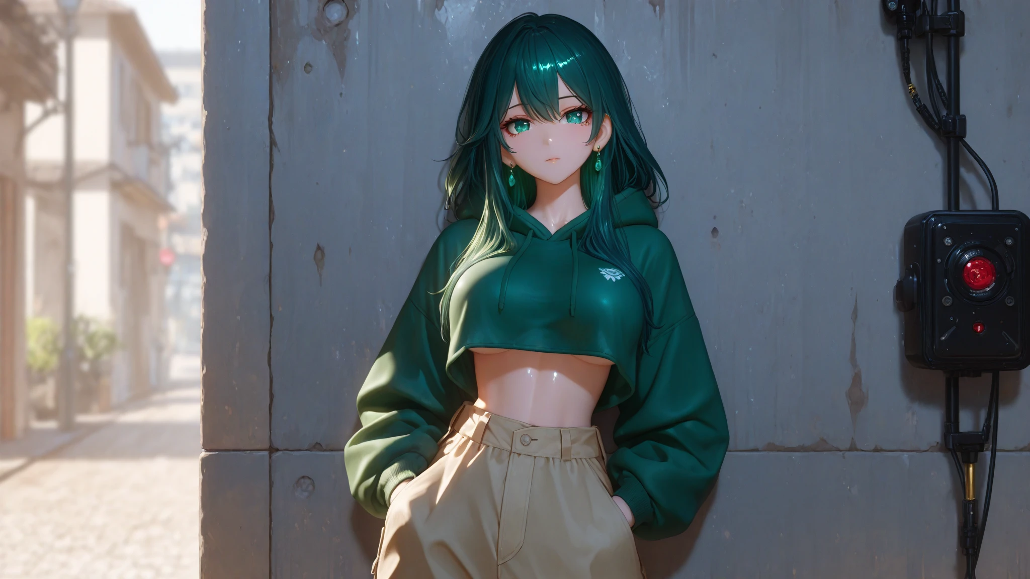 kitsune, green hair, long, waist sand clock, big breasts,  heart shaped ass, black jeans, Pink top, Cropped bomber jacket, берцы, full height