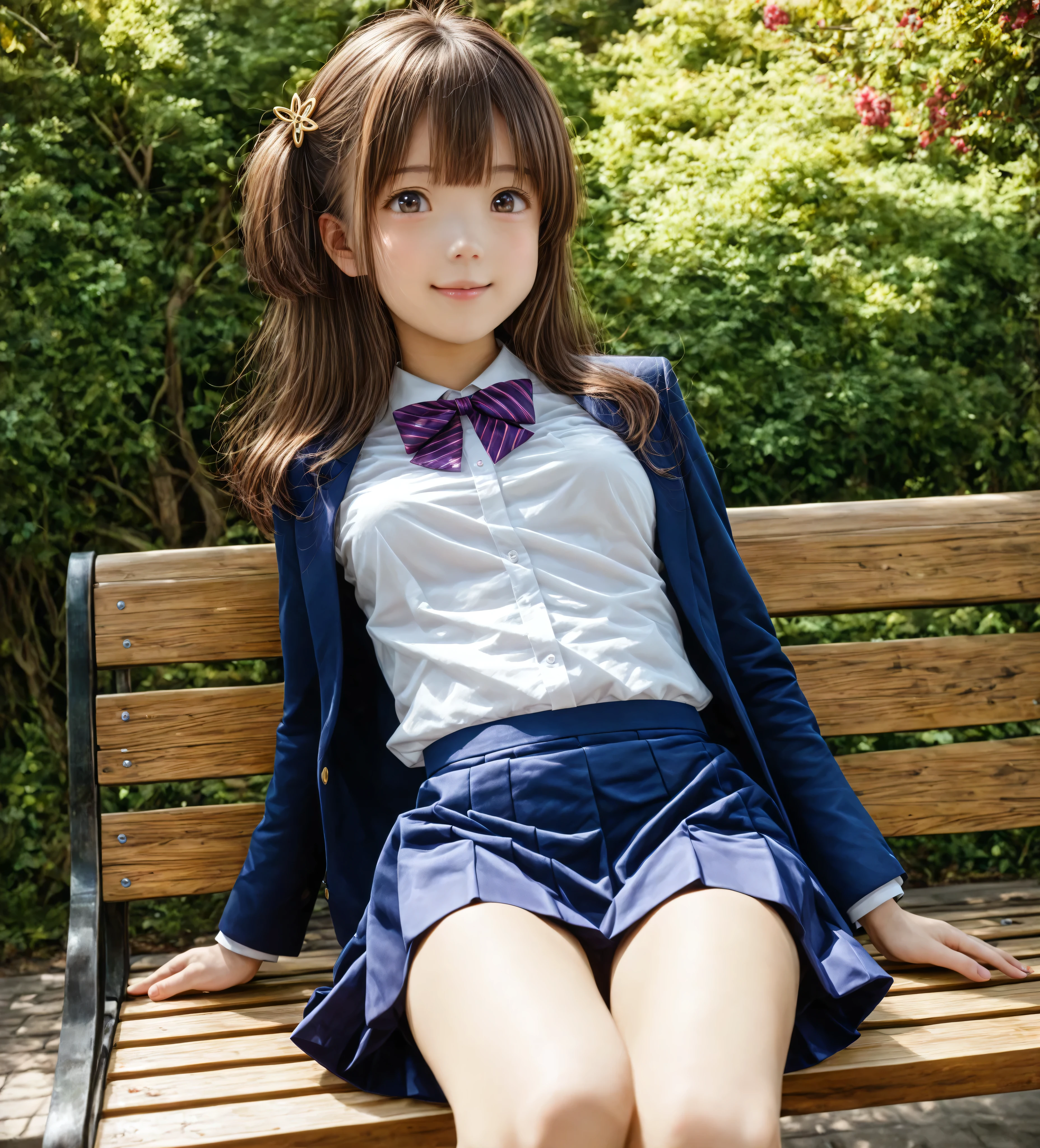 (8K high resolution), (Highest quality), (RAW quality),(Tabletop:1.2), (Realistic), (Realistic:1.37), ,Big eyes,Long eyelashes,(Live-action realistic style),The ultimate face,Realistic Light and Shadow,Distinct facial features,,Fair skin, ),Best Portrait,Close-range shooting, 1 girl, cute,Beautiful attention to detail,Highly detailed skin,(Beautiful face with double eyelids), (realism: 1.4),((Full body image)) ,Fine and beautiful face,(Beautiful Face 1.4),Mid-length hair,((Japanese junior high school students wearing uniforms)),(Make eye contact with your audience),(Laugh a little),In a park rich in nature,Sit upright on one knee.,Her skirt is rolled up.、The panties are perfect..,Pastel colored panties,I love showing my underwear to the audience,Show the audience your panties,(Japan Uniform),A beautiful face reflected in the light,Red lipstick,Dragging around the eyes,Very beautiful legs are attractive,A very bright world、((Flat Chest))、((Small Tits))、((Slightly enlarged chest))、((Still a young body))、((Skinny girl))、((14-year-old junior high school student))、((Petite Girls))、((Junior high school girl))、((Delicate girl))、((14-year-old girl))、((Wear loose socks))、((White loose socks))、((Junior high school girls))、((Pastel colored lace panties are visible))、((Gal Makeup))、