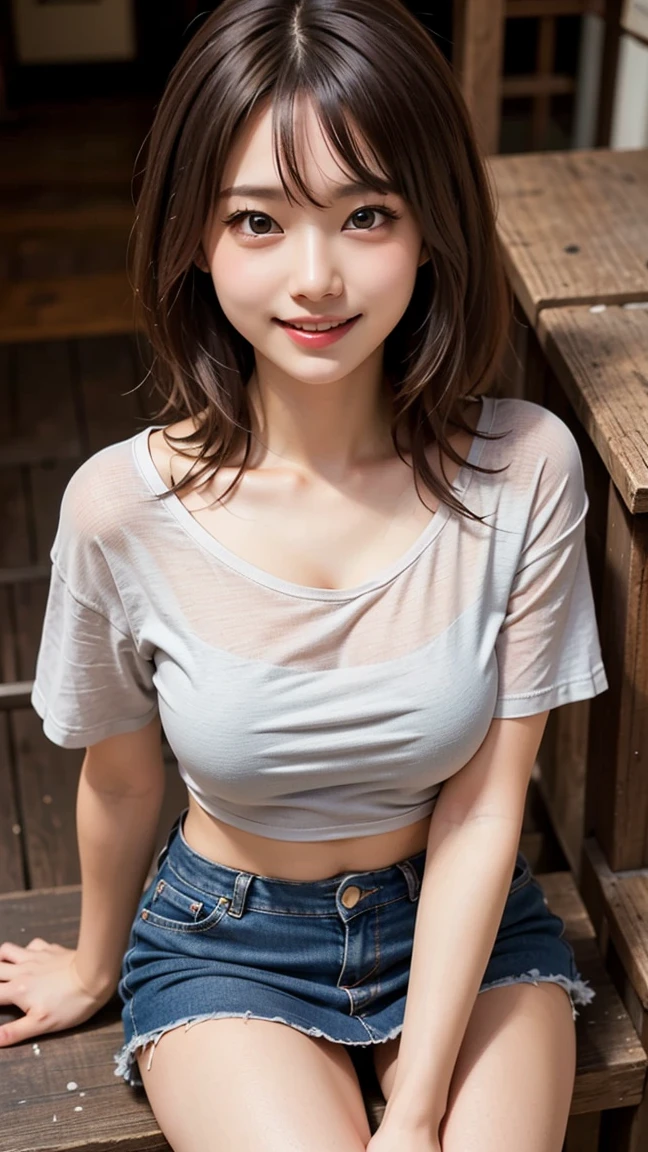 Highest quality, masterpiece, Ultra-high resolution, (Realistic:1.4), Voluptuous,Beautiful woman,(Shortcuts),((Big Breasts)) ,Beautiful Skin, Fine skin, 魅惑的なsmile, Background blur, smile, Oversized T-shirt with a soft chest,Tight Skirt、Panty shot