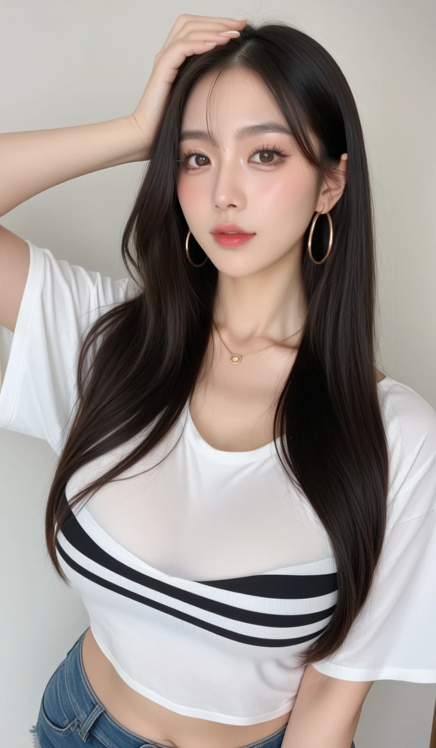 big breasts, Beautiful face, Black T-shirt, jeans, Perfect body, long hair.