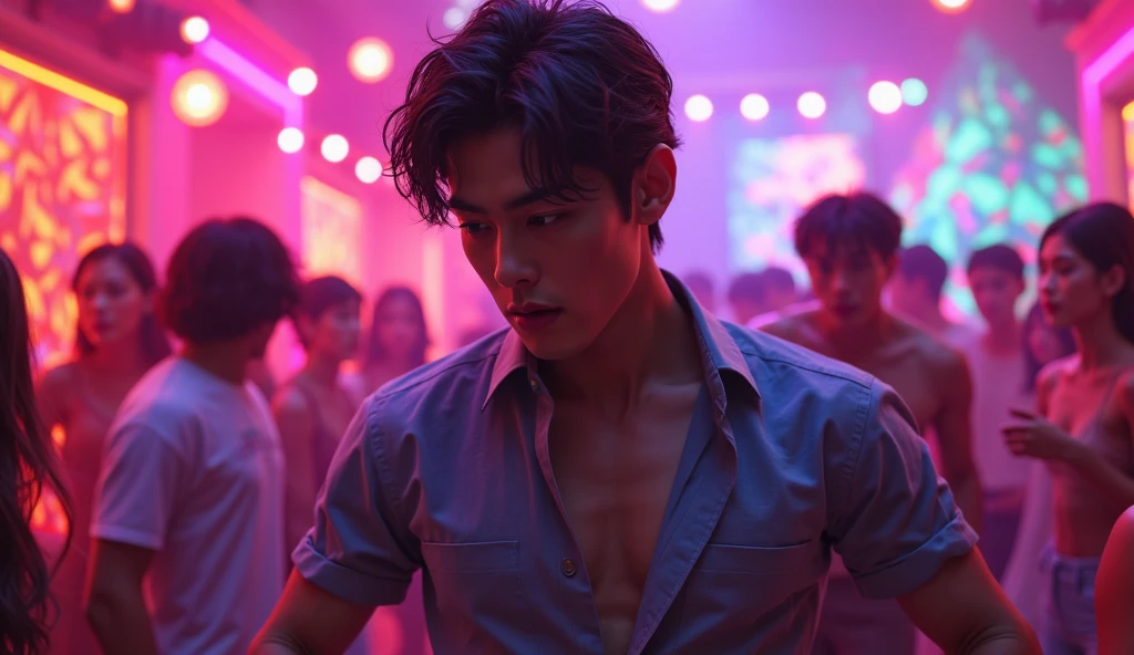 Real photo style、Realistic、Cute handsome man、Idol face、、Japanese、Slim body、Mash Hair、Torn and open shirt、Six-pack、A crowded movie theater、Colorful thin boxer briefs、The old man next door puts his hand inside his briefs、Being touched all over the body、Old man grabs bulge in boxer briefs、The old man next to me touches my boxer briefs、Sad look、Dim lighting