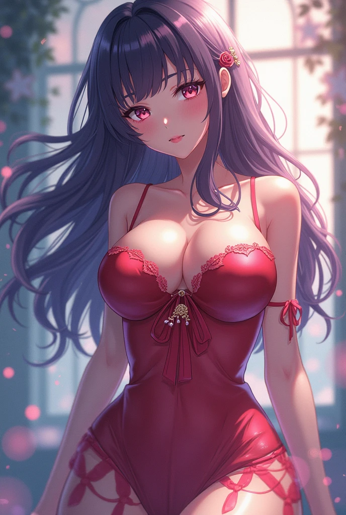 Best Quality,High resolution,8K,finelity detailed background,Masterpiece:1.2),beautiful girl,Shiny purple hair,crossed bangs,Purple Eyes,Gentle look,A refreshing look,smile,Best quality,Best Quality,Aesthetic and aesthetic:1.2,Best details((Super detailed))(High-definition CG illustrations),Upper Body, Red underwear,(red intricate lace),Slender body,night,moon,Bedroom,On the bed,smile,blush,cute,Scrounge,Looking up,Being spoiled,super model,wariza,shoot from,below