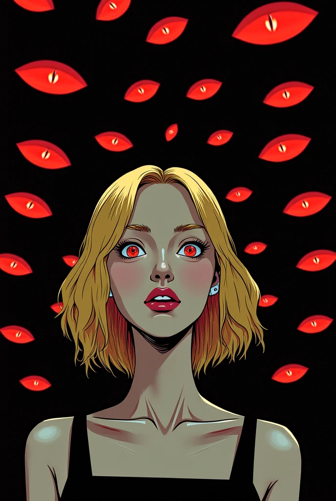 illust、art、from 80s horror movie, directed by Junji Ito、Blonde vampire、tooth、blood、high detail, realsitic shadow、Analog style, vhs style, 8mm film, chromatic aberration, Dvd screengrab、Complementary color gradient
