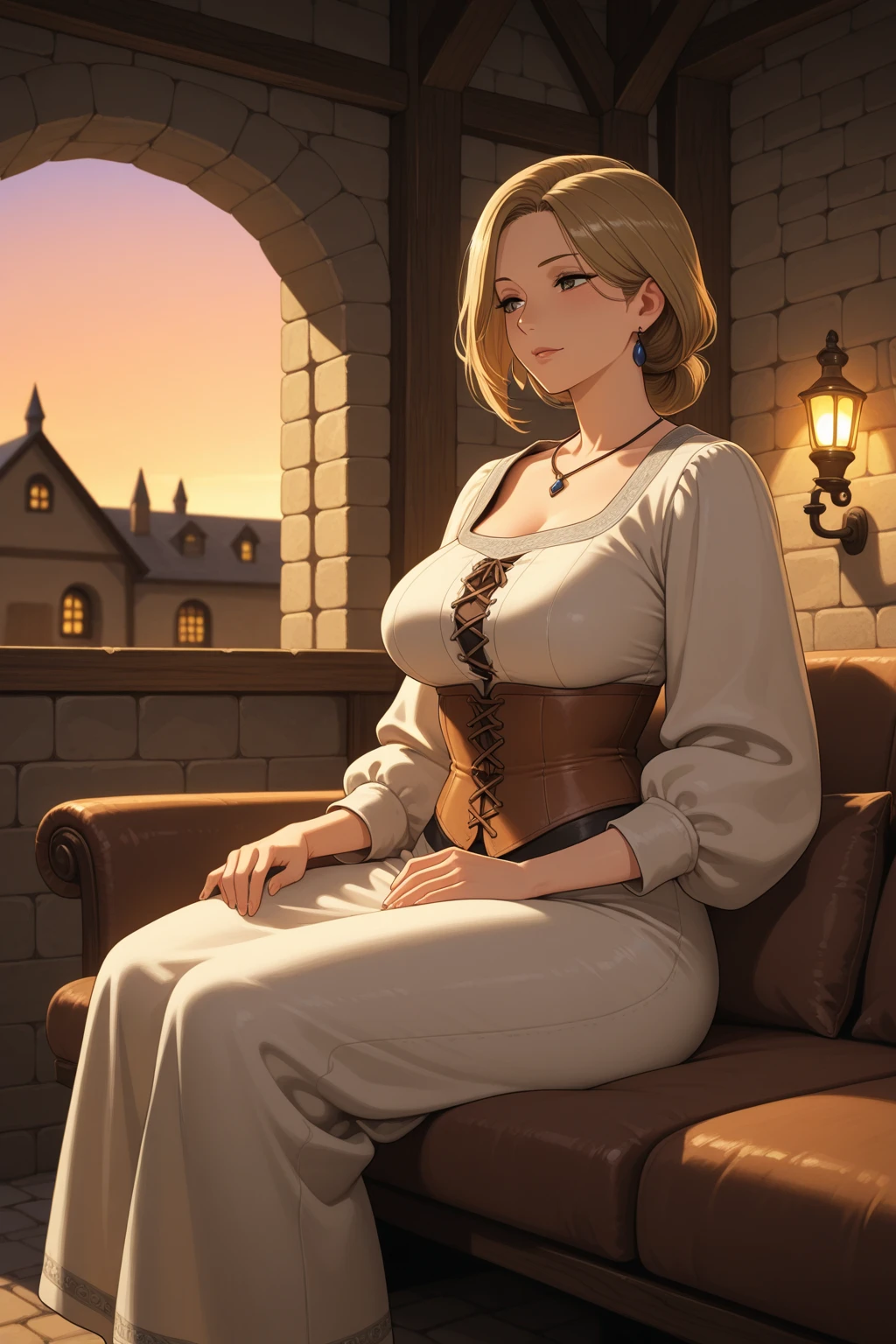 Masterpiece, hi res, absurdres, Best Quality, 4K, detailed, HD, solo, mature female, Mature face, late 30s, long braided hair, ligth Brown hair, , saggy , prominent lips, thick, curvy, sitting in ground, on the floor,hands on floor, white blouse,jeans, worried look, confused look, dungeon, ruined dungeon, dimly lit, blue torches, glowing runes in the floor, dirty look, dirty clothes, ragged clothes, full body, black shoes 