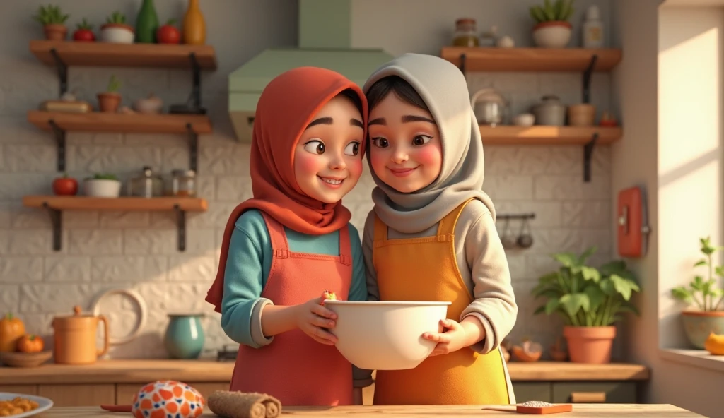 masterpiece, best quality,pixar: malayfamily in the kitchen,preparing pasta and vegetables ,smiling, wearing home hijab and baju kurung,covered head, ,a moment of pure relaxation,swirly vibrant colors,soft, natural lighting,smooth bokeh effect,oil painting style,Romantic Inspiration,exceptional clarity and sharpness PIXAR style

