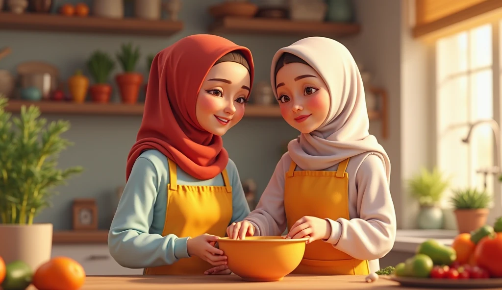   A beautiful girl with a modern Islamic hijab tied to her neck, a cartoon character in the Disney Pixar style, eating a cup of milk tea and two fried eggs in the morning. 