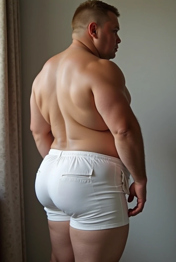 gay man , massive ass , huge penis , wearing underwear thread , muscular , big , very voluminous pectorals , shy face, Frontal camera 