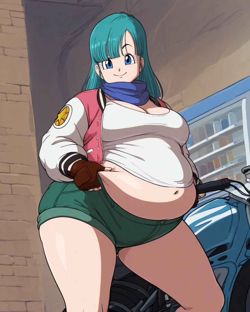 score_9, score_8_up, source_anime Bibl3, milf, jenny (pokemon), green hair, huge breasts, police uniform, belt, pencil skirt, short skirt, white gloves, high heels, wide hips, viewed from front, standing in living room, vacant smile, staring at viewer, pregnant, open mouth, looking at viewer, empty eyes, multicolor tank top, exposed pregnant belly, denim shorts, full lips, vivid lips, detailed eyes, detailed face, pretty woman, morning