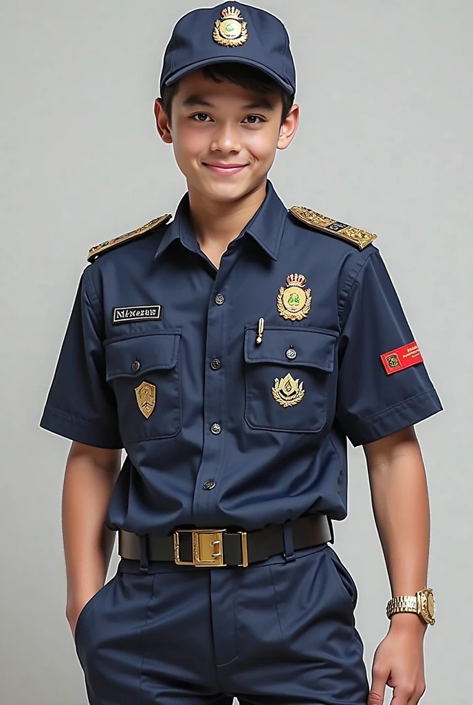 Cute brown boy wearing khaki army camouflage uniform in full body realistic style fashion show